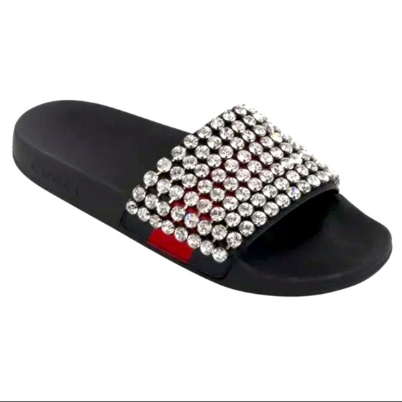 COPY - ❤️Gucci Crystal Embellished Web Slide Sandals Calfskin Leather and Rubbe… - Picture 1 of 7